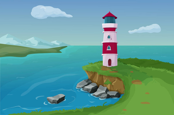 Leuchtturm steht auf einer Klippe, Sommerszene, Landschaft mit Meer, Felsen und Bergen im Cartoon-Stil isoliert auf weißem Hintergrund.  - Vektor, Bild