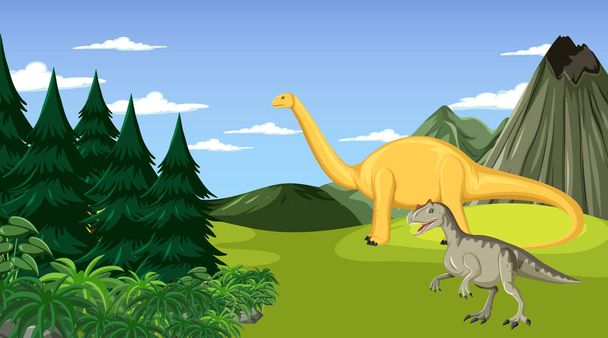 Escena con dinosaurios en el campo ilustración - Vector, Imagen