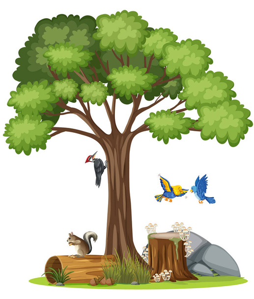 Cena com pássaros voando pela ilustração da árvore - Vetor, Imagem