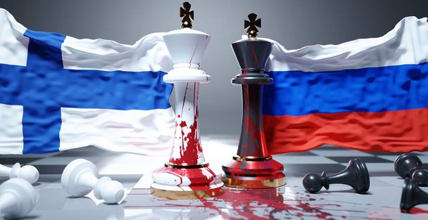 Finland and Russia war, conflict and crisis. National flags, chess kings stained in blood and fallen chess pawns symbolize an unneeded conflict that brings pain and destruction., 3d illustration - Photo, Image