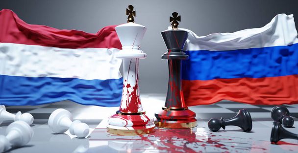 Válka, konflikty a krize v Nizozemsku a Rusku. Národní vlajky, šachoví králové poskvrnění krví a padlí šachoví pěšáci symbolizují nepotřebný konflikt, který přináší bolest a zkázu., 3D ilustrace - Fotografie, Obrázek
