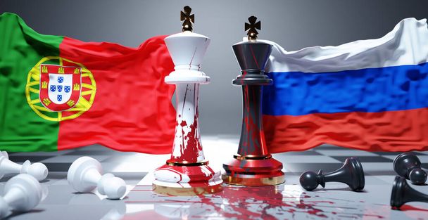 Portugal and Russia war, conflict and crisis. National flags, chess kings stained in blood and fallen chess pawns symbolize an unneeded conflict that brings pain and destruction., 3d illustration - Photo, Image