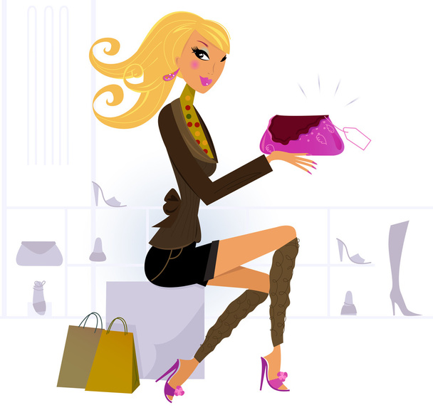 Woman buying fashion accessories in Shoe and Bags Store - Vector, Image