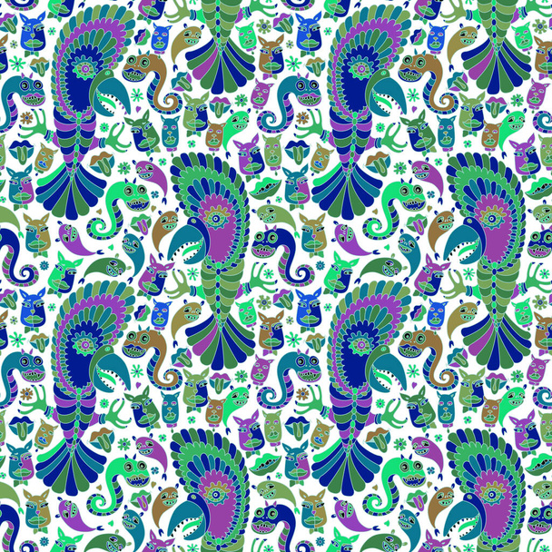 Chat, visage de chien, perroquet, serpent, lèvres, monstres souriants. Motif sans couture dans les couleurs psychédéliques bleu vert sur un fond blanc. Tirage hippie, papier peint cubisme futuriste - Photo, image