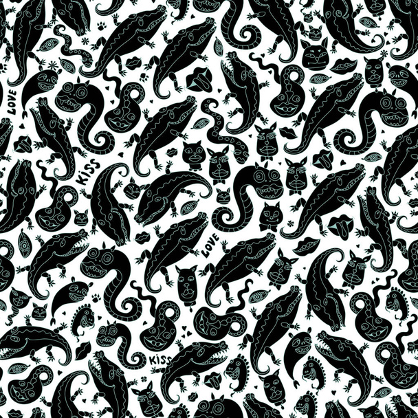 Funny monsters, cats, dogs, crocodiles, snake, lipstick kiss. Seamless pattern,Hippie print, Futuristic cubism wallpaper. Green doodle contour, Black silhouette on a white background - Photo, Image