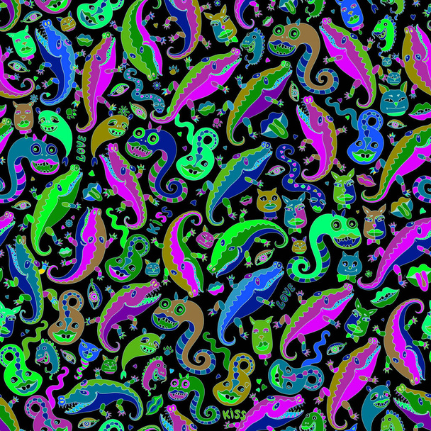 Funny monsters, cats, dogs, crocodiles, snake, lipstick kiss. Seamless pattern in psychedelic green, blue, purple colors on a black background. Hippie print, Futuristic cubism wallpaper - Photo, Image