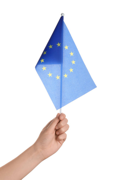 Femme avec drapeau de l'Union européenne sur fond blanc - Photo, image