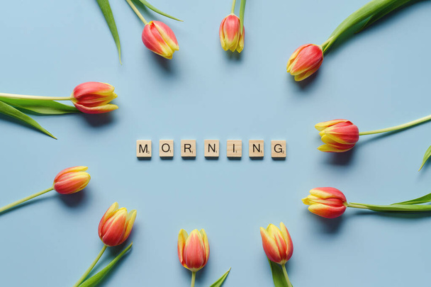 Sárga, piros tulipán kék háttérrel. Jó reggelt! ABC kockagyöngyök. Felülnézet, másolás. Lapos fekvés. Tavaszi szünet.  - Fotó, kép
