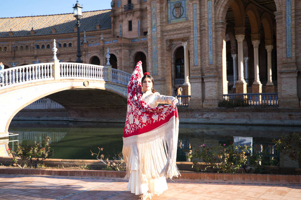 Flamenko dansçısı, kadın, esmer ve güzel tipik İspanyol dansçı Sevilla meydanında kırmızı bir manila şalıyla dans ediyor. İnsanlığın kültürel mirası Flamenko kavramı. - Fotoğraf, Görsel