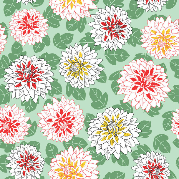 flores y hojas de crisantemo rojo y amarillo patrón sin costuras sobre fondo verde ilustración - Vector, Imagen