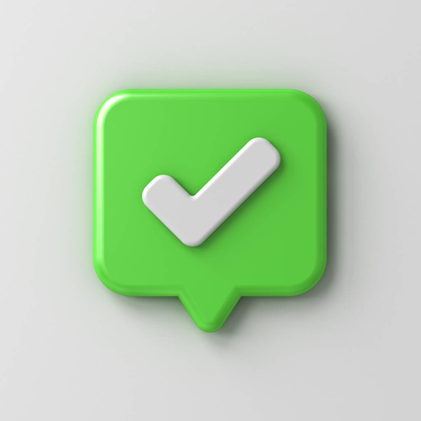 3D közösségi média értesítés ellenőrző jel szimbólum ikon zöld lekerekített négyzet chat buborék pin elszigetelt fehér háttér árnyék 3D renderelés - Fotó, kép