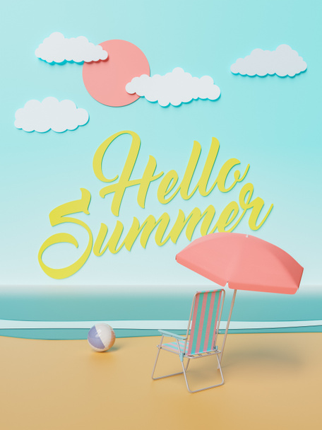 HELLO SUMMER υπογράψει σε μια τεχνητή παραλία σε ένα στούντιο. έννοια της άφιξης του καλοκαιριού, διακοπές, ταξίδια και να χαλαρώσετε. 3d απόδοση - Φωτογραφία, εικόνα
