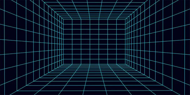 3D wireframe room mesh on blue background. Abstract perspective grid. Vector illustration. - Vector, Image