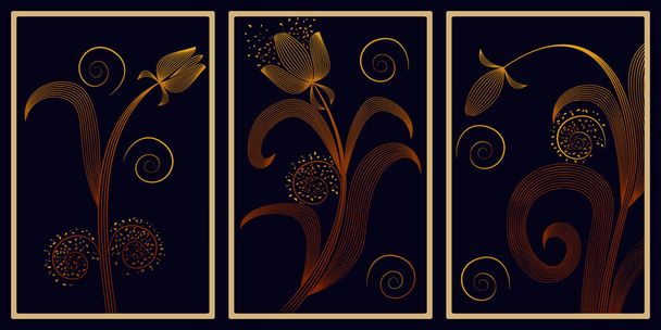 frames with gold flowers on a black background, - for wall framed prints, canvas prints, poster, home decor - Wektor, obraz