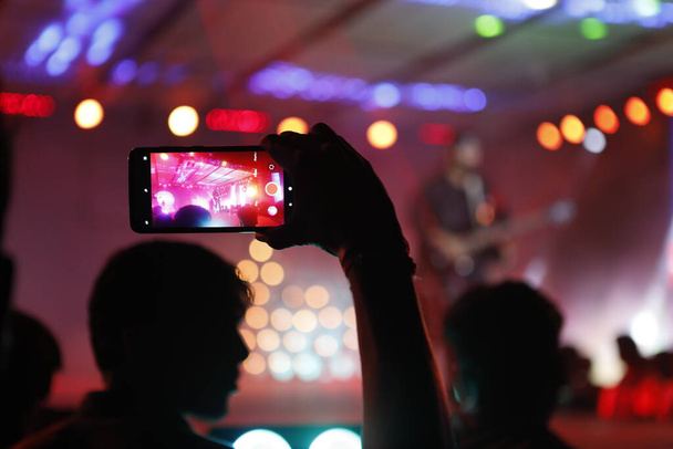 Shooting Video Via Smart Phone Staying In Crowd By Stage - Photo, Image