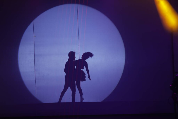 Sylwetka tancerki w Moonset na scenie - Zdjęcie, obraz