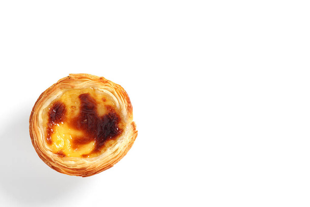 Traditional portuguese cake "Pastel de nata" on white background, top view with copy space - Photo, Image