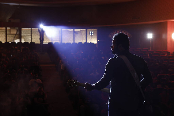 AchteraanzichtSilhouet van Musicus met Gitaar op het podium - Foto, afbeelding