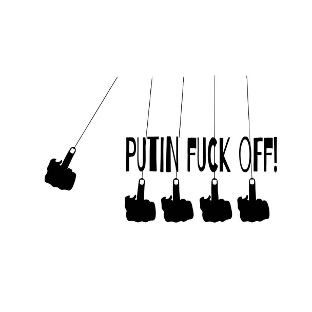  Vector illustration of Antistress Newton's Cradle, Cradle Balance Ball where hands with middle fingers gesture instead of balls and inscription Putin Fuck off, Stop Russian aggression against Ukraine concept - Вектор, зображення