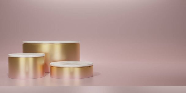 Brilhante rosa a ouro redondo pedestal ou pódio com mármore no topo. Cor-de-rosa metálico a ouro Exibição em branco ou sala limpa para mostrar o produto. Mockup minimalista para exibição de pódio ou vitrine. Renderização 3D. - Foto, Imagem