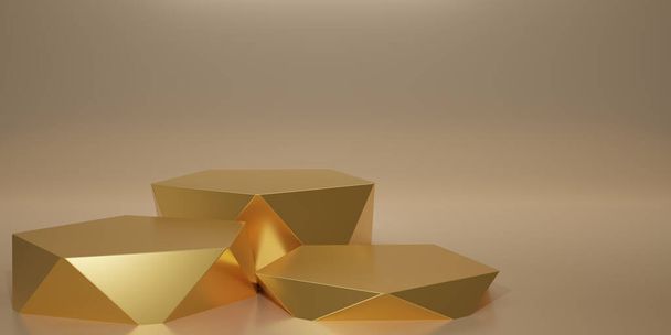 3D render geometric podium. Gold hexagon cube, golden square podium in gold background. Concept scene stage showcase, product, promotion sale, banner, presentation, cosmetic. 3D rendering. - Фото, зображення