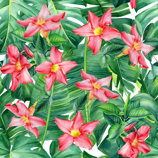 Bezešvé vzor tropických listí a květin, džungle pozadí, akvarel - Fotografie, Obrázek