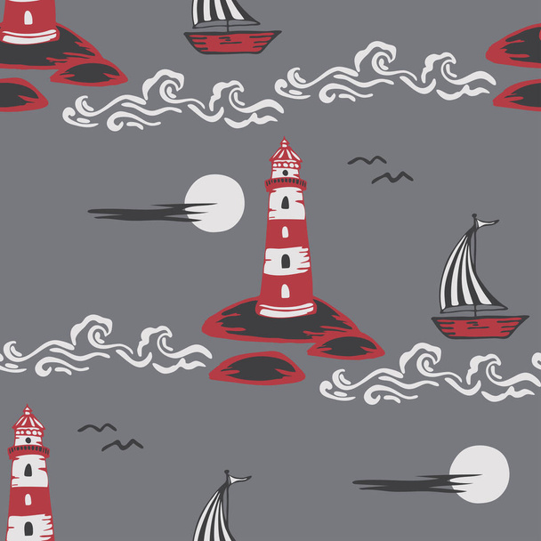 Nahtloses Vektormuster mit künstlerischem Leuchtturm und Boot auf grauem Hintergrund. Einfaches Design für nautische Tapeten. Dekorative Nacht Meer Mode Textil. - Vektor, Bild