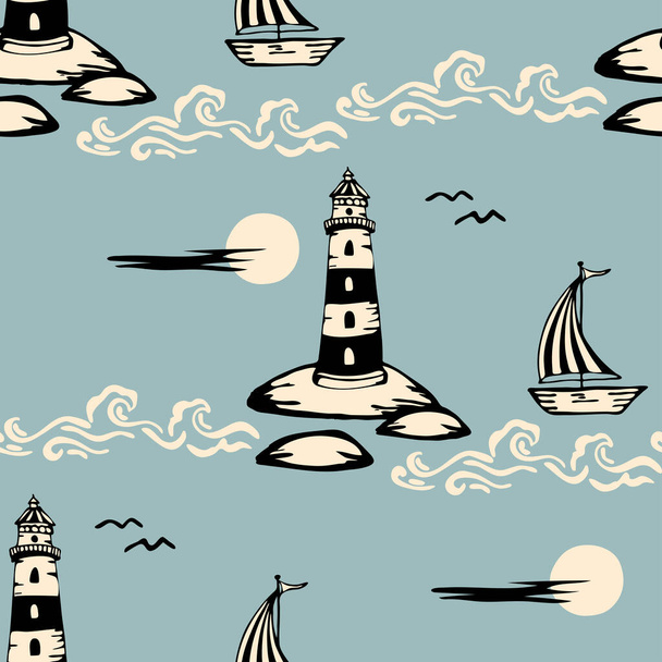 ライトブルーの背景に灯台とボートとシームレスなベクトルパターン。シンプルな夏の海の壁紙デザイン。加飾海事ファッション繊維. - ベクター画像