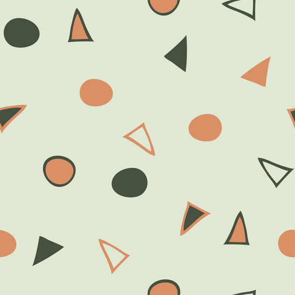 薄い緑色の背景に三角形と円を持つシームレスなベクトルパターン。シンプルな楽しい幾何学的な壁紙デザイン。装飾的なベビーファッション繊維. - ベクター画像