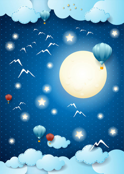 Cielo de fantasía con luna llena, pájaros, globos y luces. Arte de papel. Ilustración vectorial eps10 - Vector, imagen