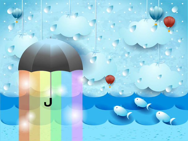 Şemsiyeli, yağmurlu ve gökkuşağı renkli fantezi deniz manzarası. Vektör illüstrasyonu E10 - Vektör, Görsel