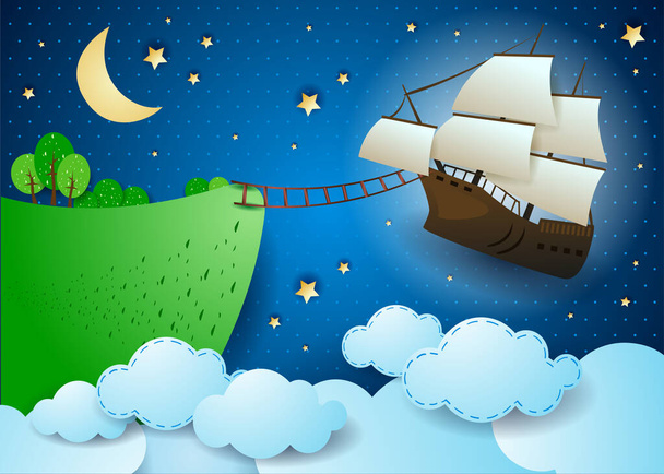 Fantasy illustration of a sailing ship landing in flight. Vector eps10 - ベクター画像