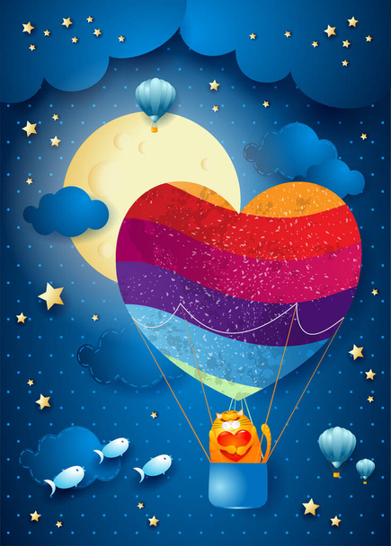 Фантастичний пейзаж з повітряною кулею у формі серця та кішкою, валентинкова картка. Векторні ілюстрації eps10
 - Вектор, зображення