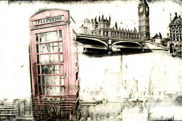 ロンドンのアートドローイングスケッチイラスト楽しいデザインヴィンテージレトロ - 写真・画像