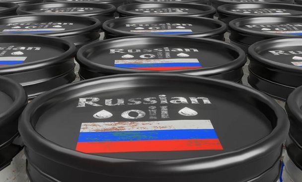Lagerhalle russisches Ölfass, Hintergrund mit Fass. Fässer mit russischer Flagge in Großaufnahme. Sanktionen gegen russisches Öl. 3D-Arbeit und 3D-Illustration - Foto, Bild