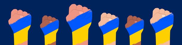Transparent "Stoppt den Krieg in der Ukraine". Vektor-Banner mit erhobenen Händen in Solidarität mit der Ukraine auf blauem Hintergrund. Betet für die Ukraine. Vektorabbildung EPS 10 - Vektor, Bild