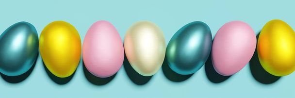 3d render of pink yellow and blue easter egg banner on a turquoise background - Photo, Image