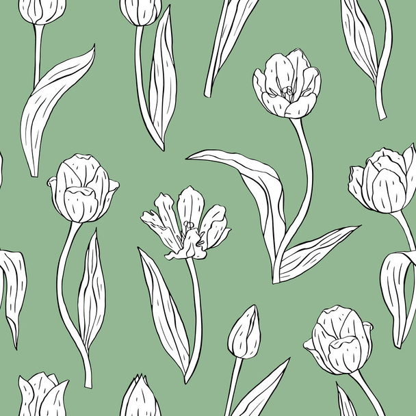 Vintage seamless pattern with white and black line art tulips flowers and leaves on green - Vektör, Görsel
