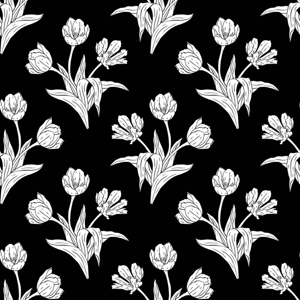 Монохромный винтажный бесшовный узор с цветками тюльпанов белыми силуэтами на черном - Вектор,изображение
