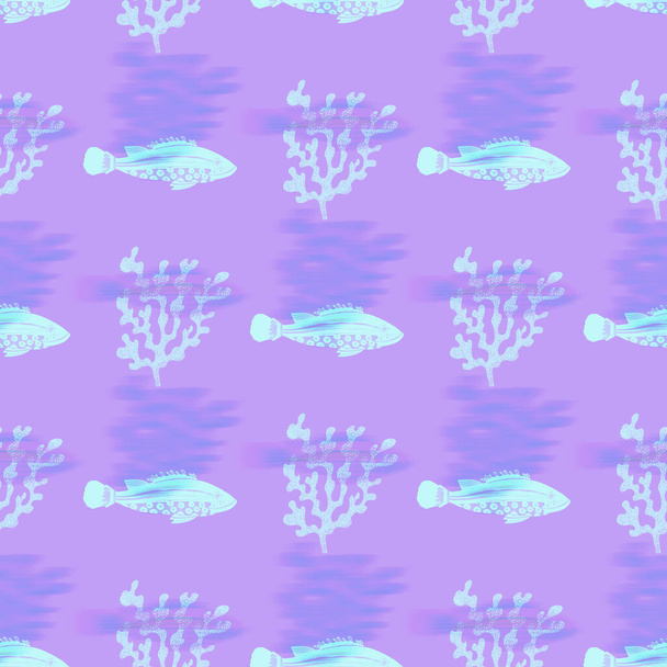Fondo de patrón de peces iridiscentes ultravioleta. Lavanda digital moderna peri púrpura bajo la textura de los peces de mar. Tropical calm coastal wellness por todas partes imprimir. - Foto, imagen