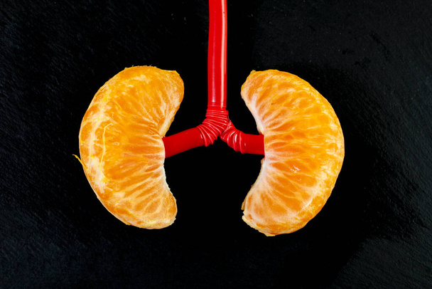 2 mandarinenorangefarbene Keile, die Lungen oder Nieren auf schwarzem Hintergrund darstellen - Foto, Bild