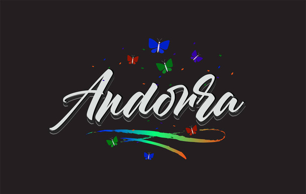 White Andorra Handwritten Vector Word Text with Butterflies and Colorful Swoosh. - Vector, imagen