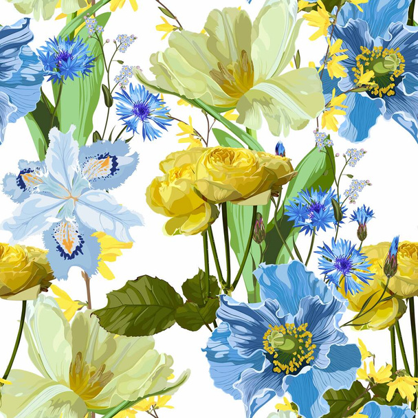 Seamless pattern with yellow blue flowers of traditional Ukraine colors on a white background with sequins. Hand drawn sketch. Template for floral textile design, paper, wallpaper, web. - Vector, imagen