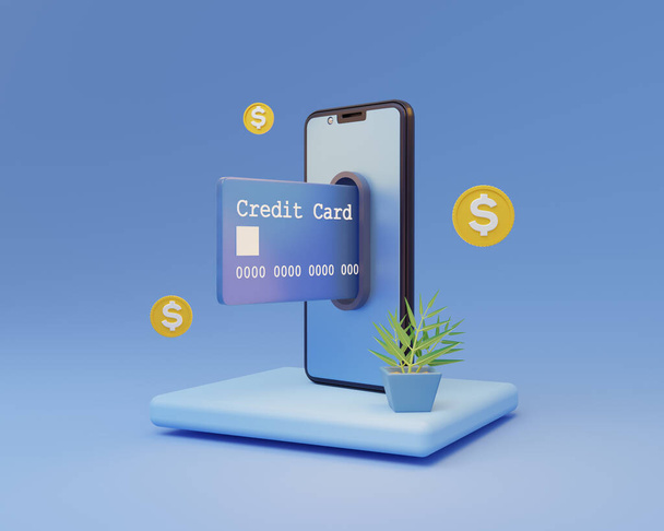 Conceito de pagamento de cartão online, pagamento aprovado. Renderização 3D de smartphone e cartão para seus anúncios no Instagram. - Foto, Imagem