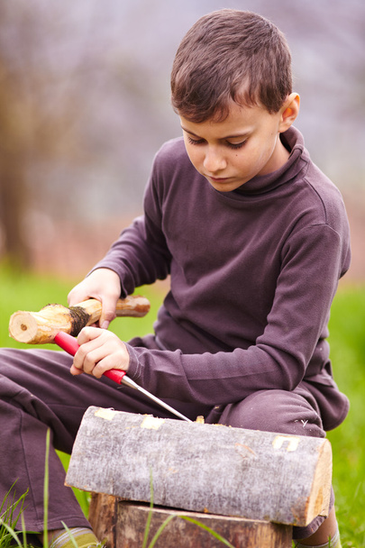 Boy sculpting in a log with a chisel - Foto, Bild