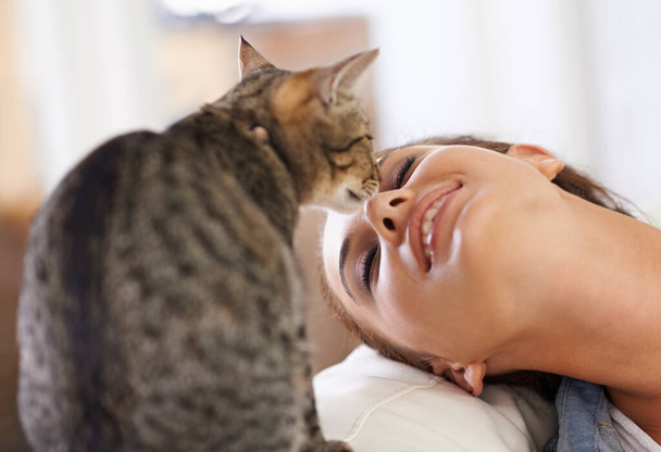Whos mommys precious. A closeup shot of a affectionate female owner and her cat. - Photo, Image