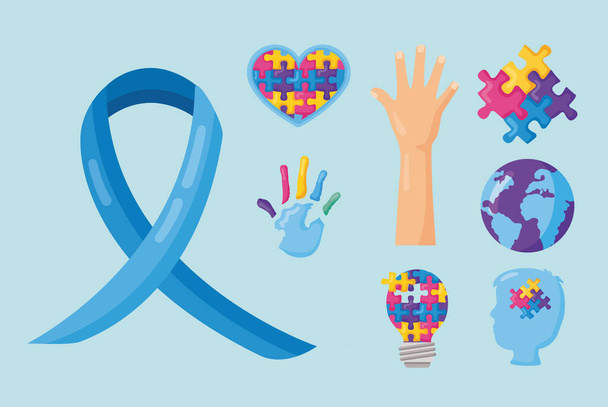oito ícones do dia do autismo - Vetor, Imagem
