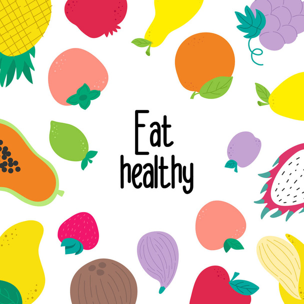 Motivación del eslogan vegano. Come sano. Estilo de vida saludable. Conjunto de frutas - Vector, Imagen