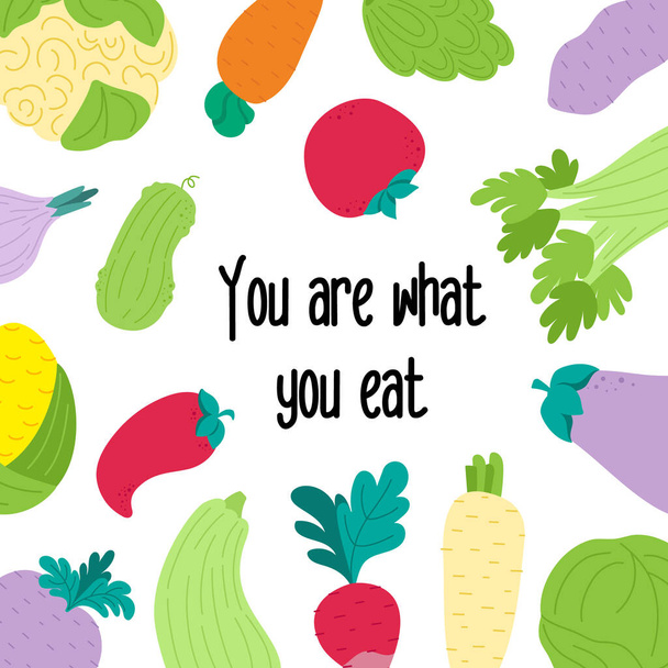 Vegan slogan motivation.You are what you eat. Health lifestyle. Vegetables set - Vector, imagen