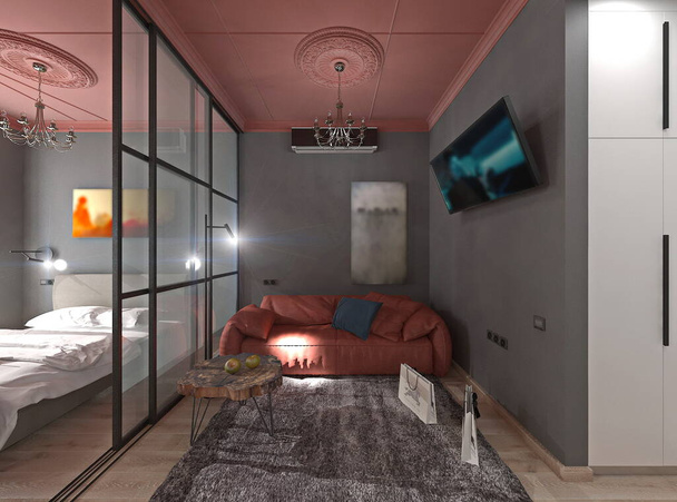 Byt ve stylu Loft. Obývací pokoj. Interiéry v moderním stylu. 3D vykreslení  - Fotografie, Obrázek